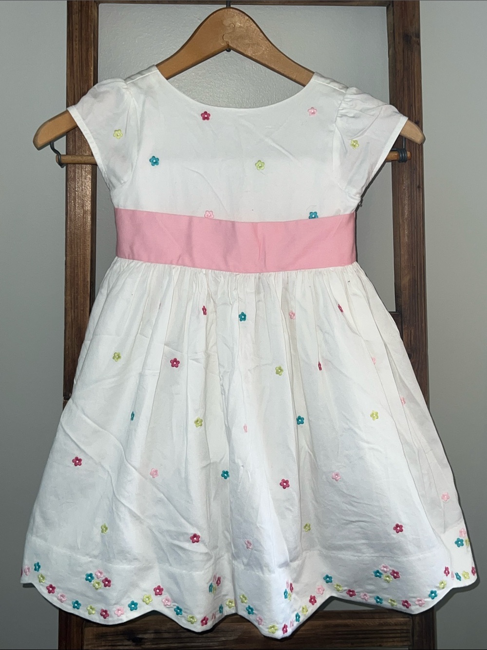 Gymboree White Dress with Pink Sash and Multicolor Floral Embroidery
